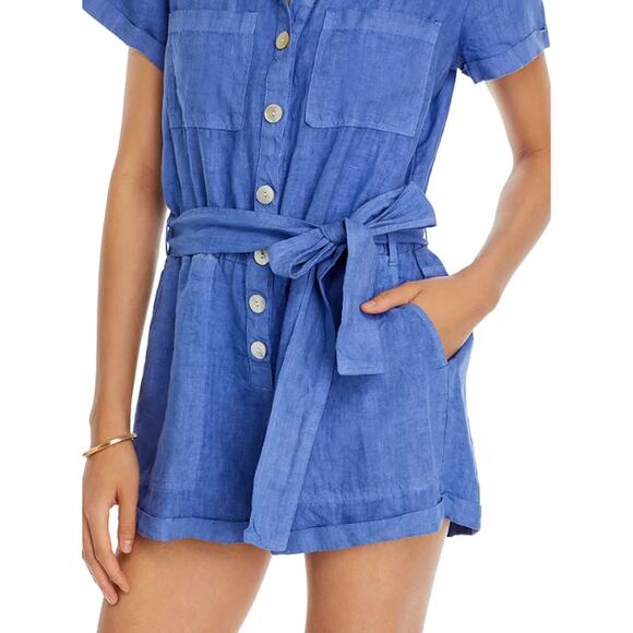 BELLA DAHL WOMENS MEDIUM 100% LINEN ROLLED HEM UTILITY SHORT ROMPER BLUE NEW - Picture 4 of 15